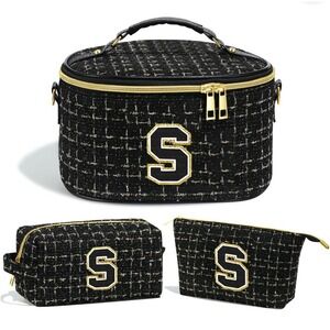 3pc Monogram Letter S Black Initial Makeup Bags Cosmetic Travel Toiletry Set NEW